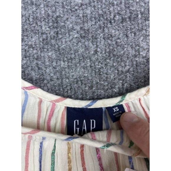 GAP Shirt Womens XS White Multicolor Metallic Stripe Ruffle Sleeve Peplum Top - Picture 2 of 8